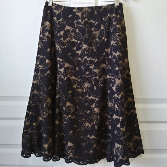 Coldwater Creek Women's Navy/Tan Lace Overlay Full Midi Skirt Size 8 - Picture 1 of 14